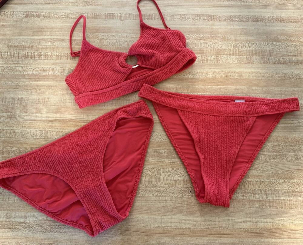 Aerie Crinkle Scoop Cutout Bikini Set Coral Pink Top S Bottoms M 2 Pair UPF 50